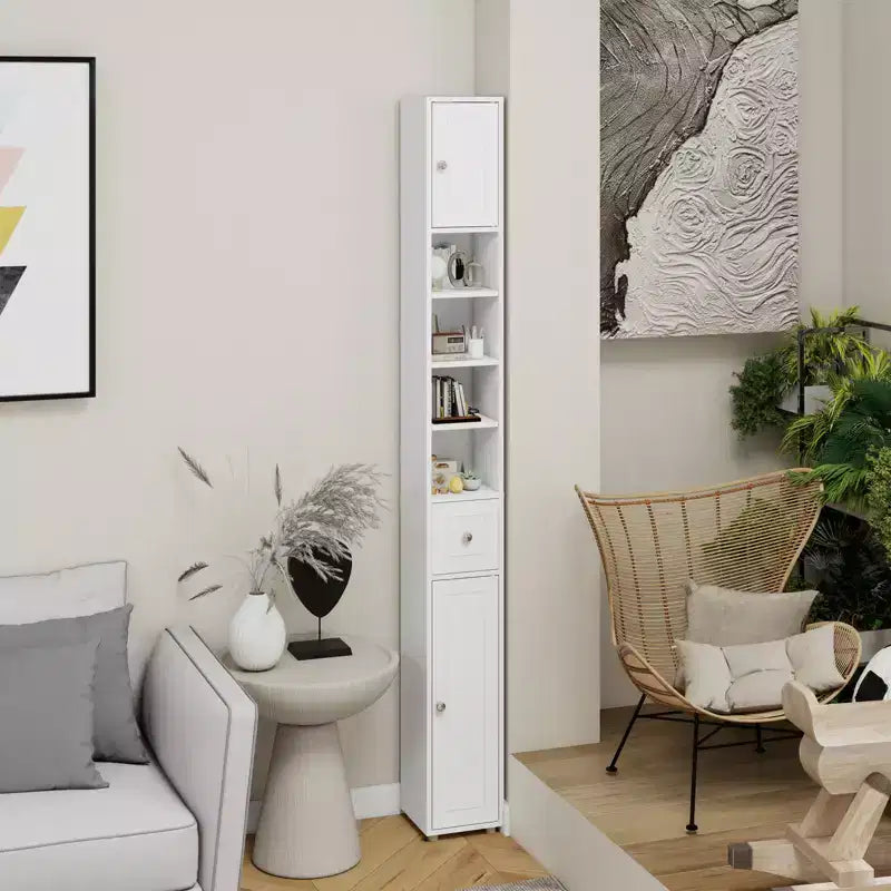 Meuble de salle de bain colonne blanc 71 cm avec tiroir, 2 portes et étagères réglables