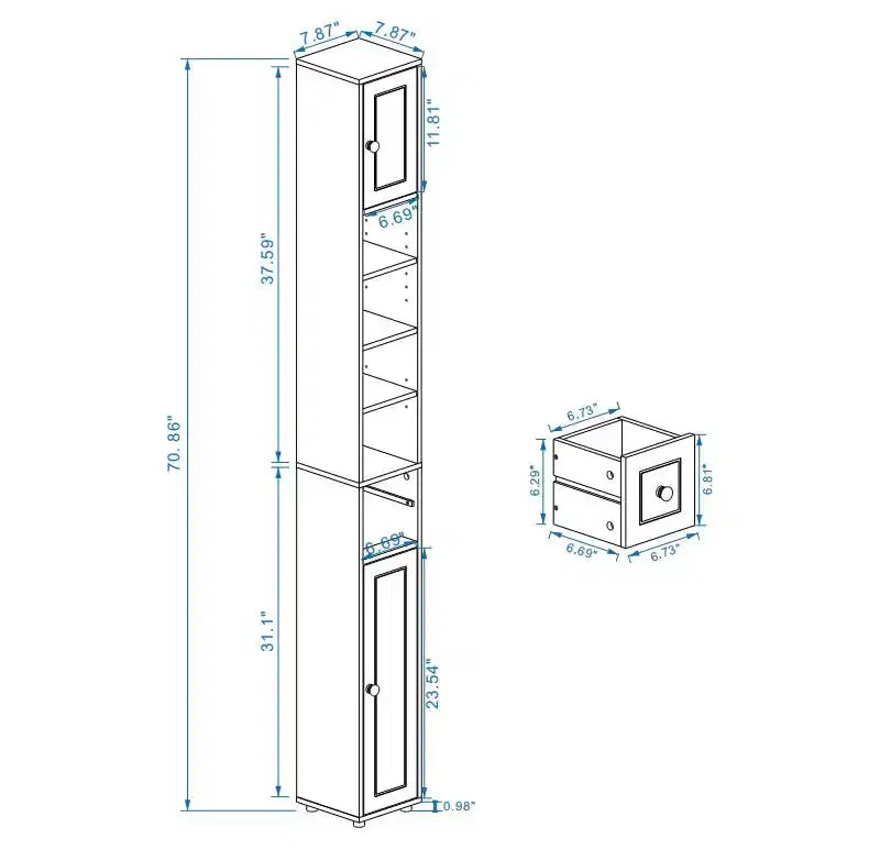 Meuble de salle de bain colonne blanc 71 cm avec tiroir, 2 portes et étagères réglables