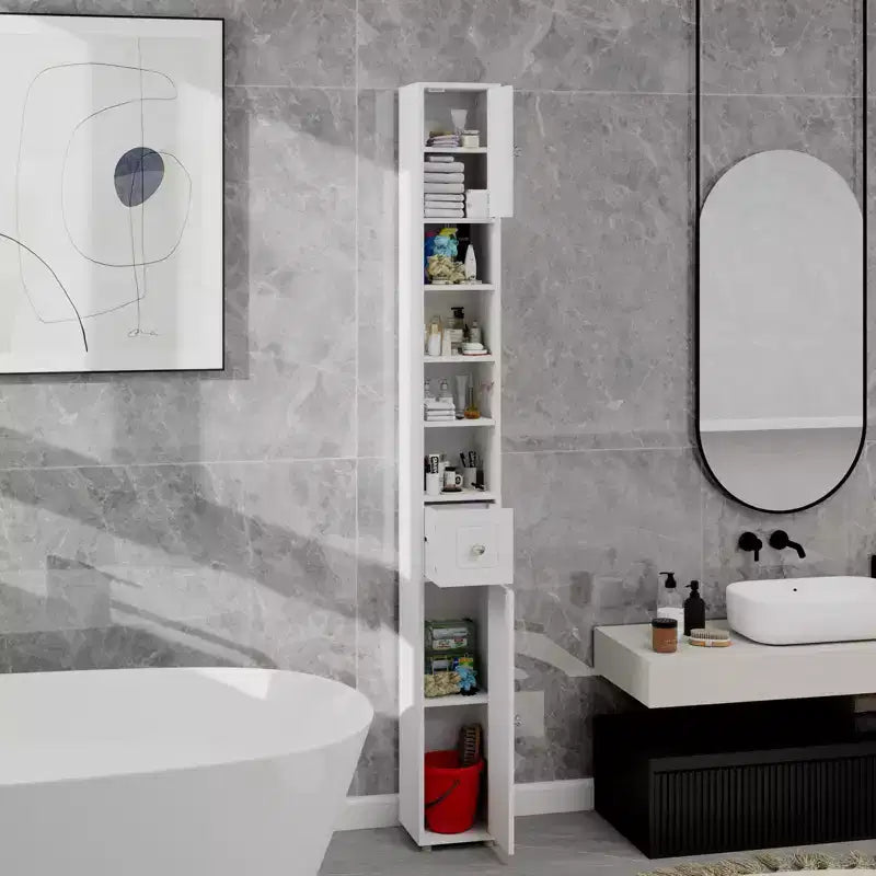 Meuble de salle de bain colonne blanc 71 cm avec tiroir, 2 portes et étagères réglables