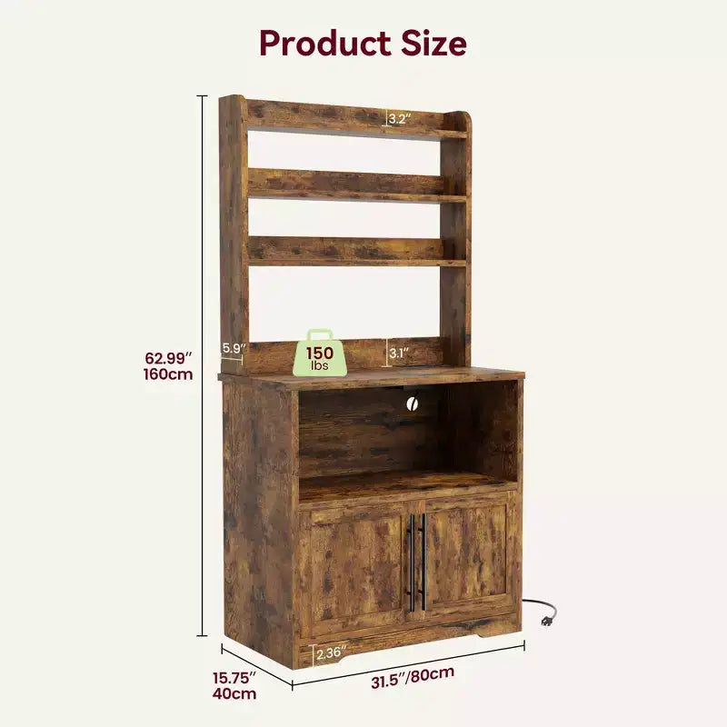 Étagère de cuisine en bois d'ingénierie blanc de 160 cm, style ferme, avec prise de courant intégrée, support de micro-ondes, support de rangement de cuisine à 4 niveaux, avec plan de travail épaissi