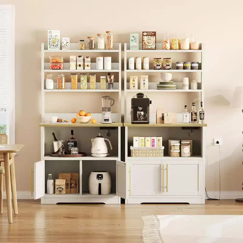 Étagère de cuisine en bois d'ingénierie blanc de 160 cm, style ferme, avec prise de courant intégrée, support de micro-ondes, support de rangement de cuisine à 4 niveaux, avec plan de travail épaissi