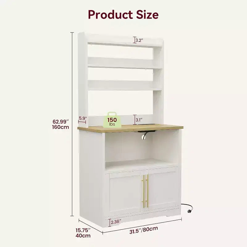 Étagère de cuisine en bois d'ingénierie blanc de 160 cm, style ferme, avec prise de courant intégrée, support de micro-ondes, support de rangement de cuisine à 4 niveaux, avec plan de travail épaissi