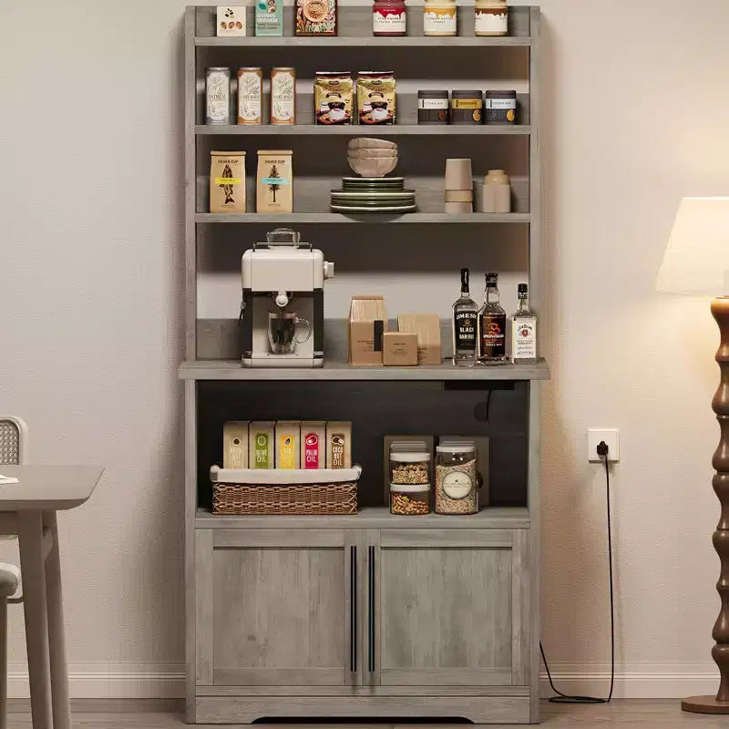 Étagère de cuisine en bois d'ingénierie blanc de 160 cm, style ferme, avec prise de courant intégrée, support de micro-ondes, support de rangement de cuisine à 4 niveaux, avec plan de travail épaissi