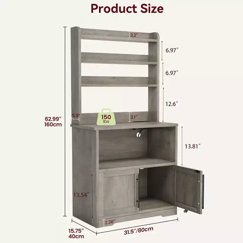 Étagère de cuisine en bois d'ingénierie blanc de 160 cm, style ferme, avec prise de courant intégrée, support de micro-ondes, support de rangement de cuisine à 4 niveaux, avec plan de travail épaissi