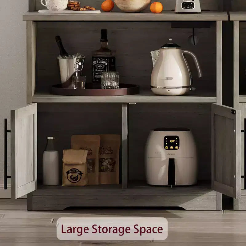 Étagère de cuisine en bois d'ingénierie blanc de 160 cm, style ferme, avec prise de courant intégrée, support de micro-ondes, support de rangement de cuisine à 4 niveaux, avec plan de travail épaissi
