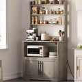 Farmhouse Microwave Stand Bakers Rack with Power Outlet, 63 Freestanding Bakers Rack with Thickened Counter, Easy Assembly,White Peer Wood