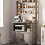 Farmhouse Microwave Stand Bakers Rack with Power Outlet, 63 Freestanding Bakers Rack with Thickened Counter, Easy Assembly,White Peer Wood