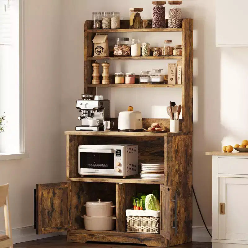 Étagère de cuisine en bois d'ingénierie blanc de 160 cm, style ferme, avec prise de courant intégrée, support de micro-ondes, support de rangement de cuisine à 4 niveaux, avec plan de travail épaissi