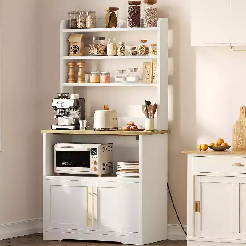Étagère de cuisine en bois d'ingénierie blanc de 160 cm, style ferme, avec prise de courant intégrée, support de micro-ondes, support de rangement de cuisine à 4 niveaux, avec plan de travail épaissi