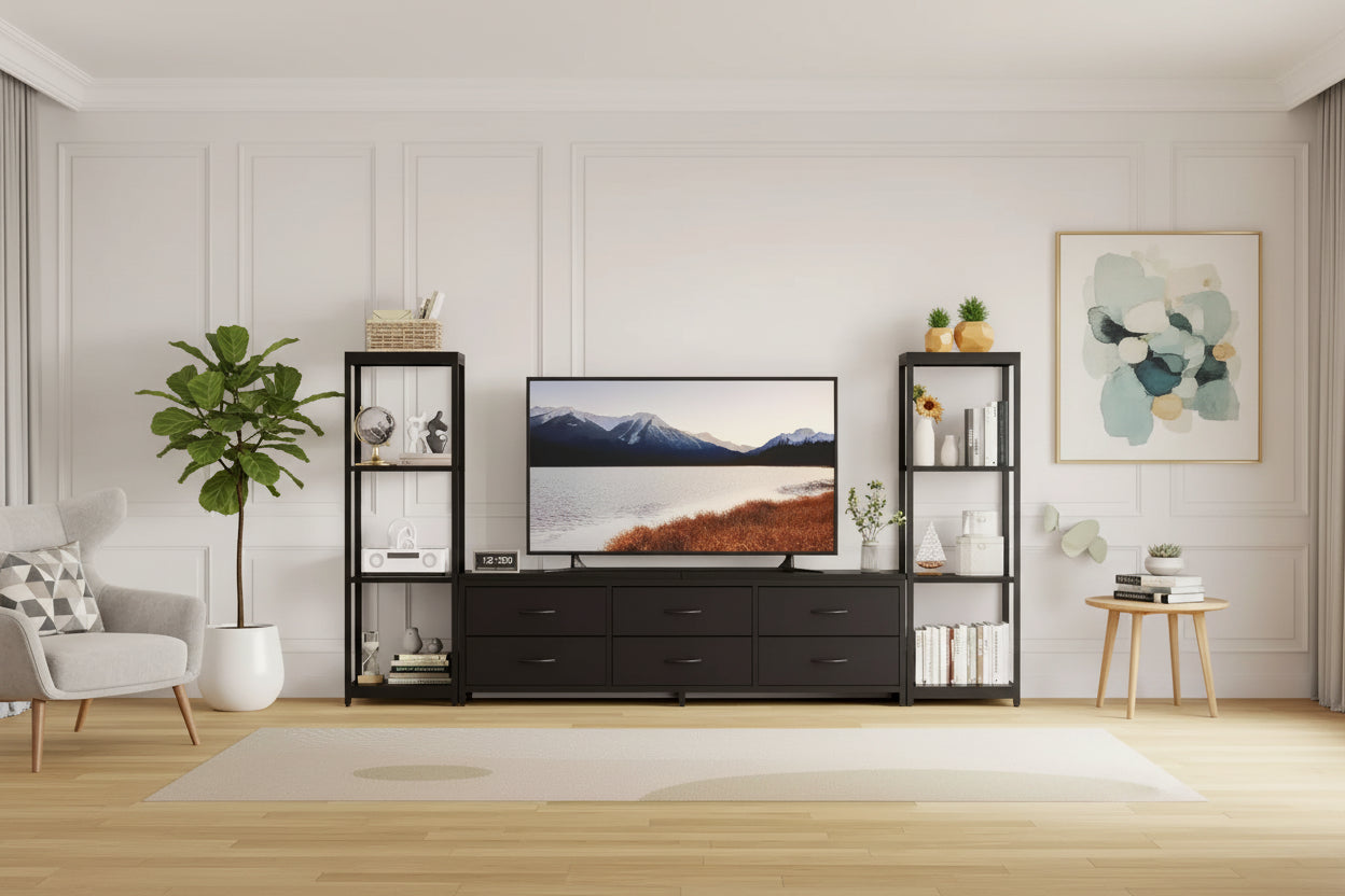 Acekool TV Stand for 75 Inch TV, Modern Entertainment Center with Drawers, Bookshelves and Power Outlets