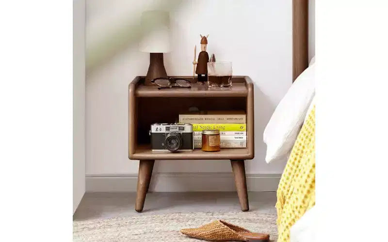 TUYOHW European Beechwood Round Nightstand with Cable Management, Space-Saving Small Side Table for Bedroom Living Room, Modern Bedside Table