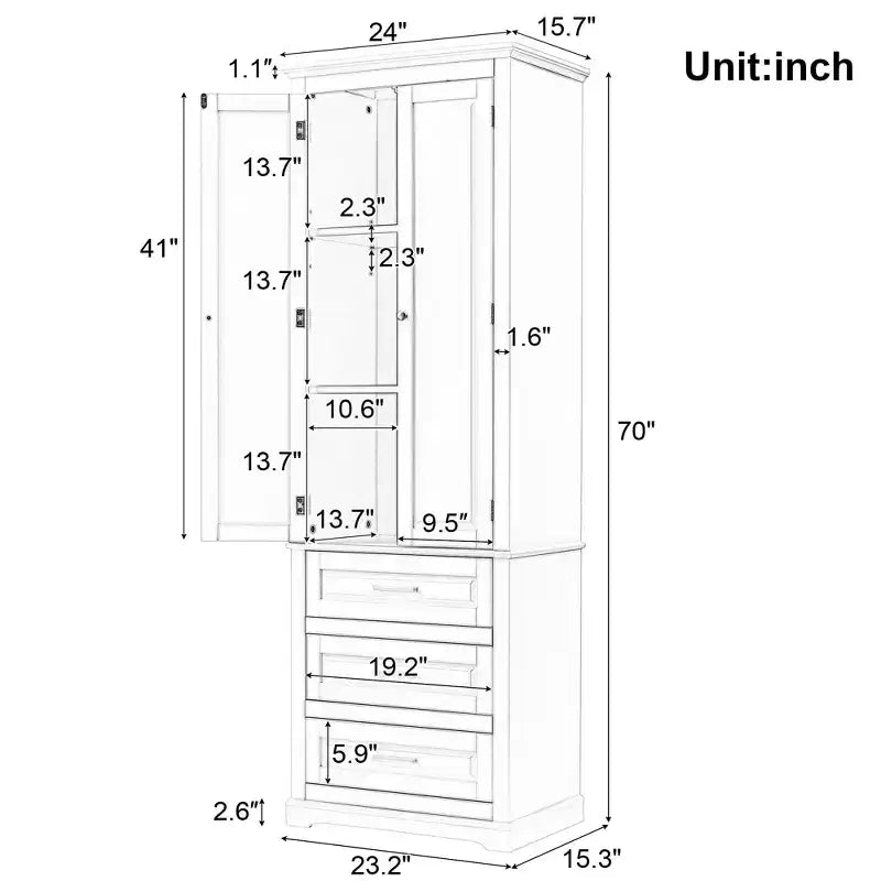 Colonne de salle de bain haute en bois Poppy avec 3 tiroirs et placard à étagères réglables