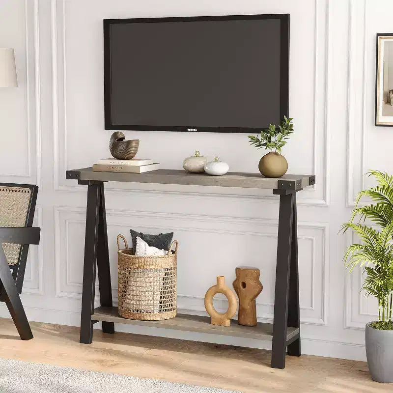 Console étroite avec 2 étagères - Cadre métallique en V, espace de rangement, design rustique - Parfaite comme table de canapé ou de couloir, dans le salon, le couloir, l'entrée