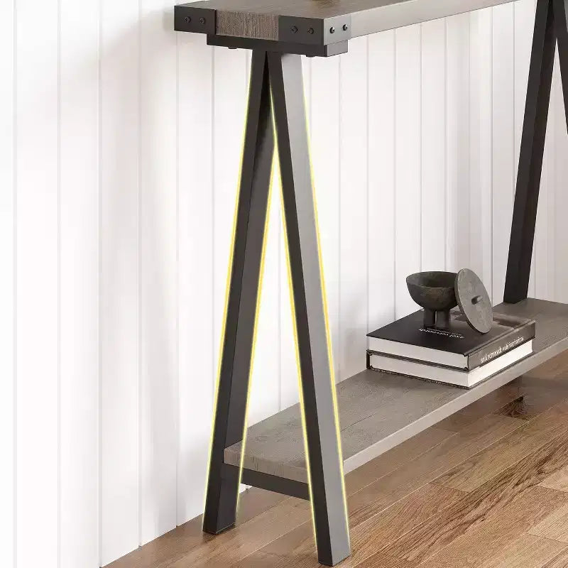 Console étroite avec 2 étagères - Cadre métallique en V, espace de rangement, design rustique - Parfaite comme table de canapé ou de couloir, dans le salon, le couloir, l'entrée