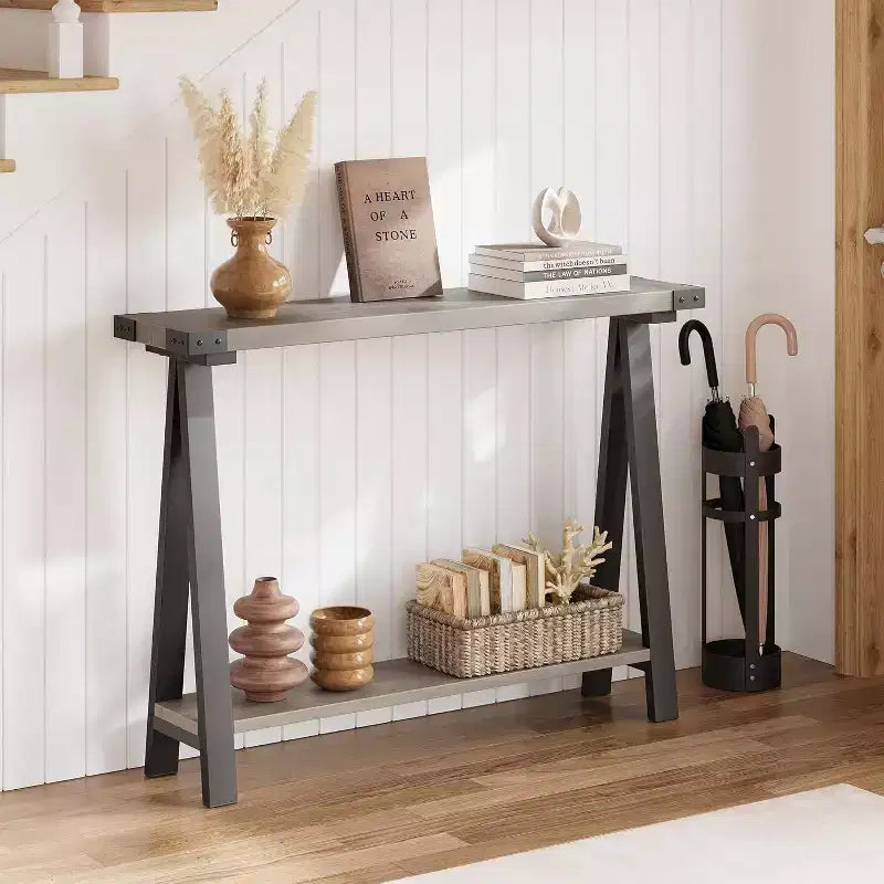 Console étroite avec 2 étagères - Cadre métallique en V, espace de rangement, design rustique - Parfaite comme table de canapé ou de couloir, dans le salon, le couloir, l'entrée