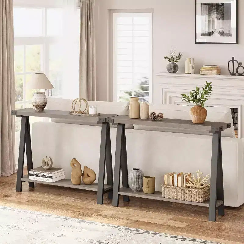Console étroite avec 2 étagères - Cadre métallique en V, espace de rangement, design rustique - Parfaite comme table de canapé ou de couloir, dans le salon, le couloir, l'entrée