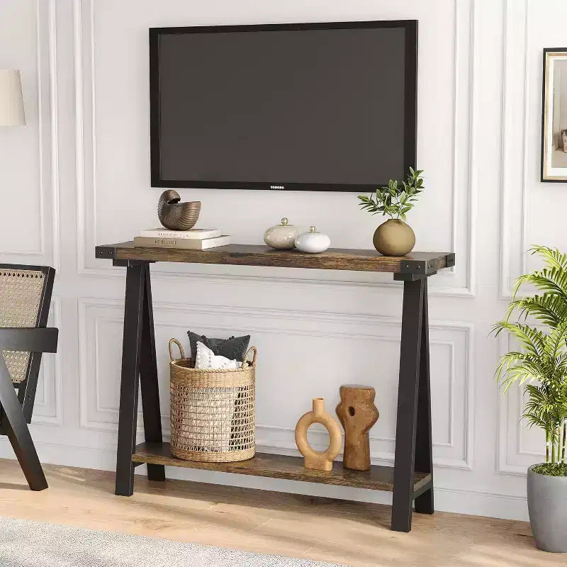 Console étroite avec 2 étagères - Cadre métallique en V, espace de rangement, design rustique - Parfaite comme table de canapé ou de couloir, dans le salon, le couloir, l'entrée