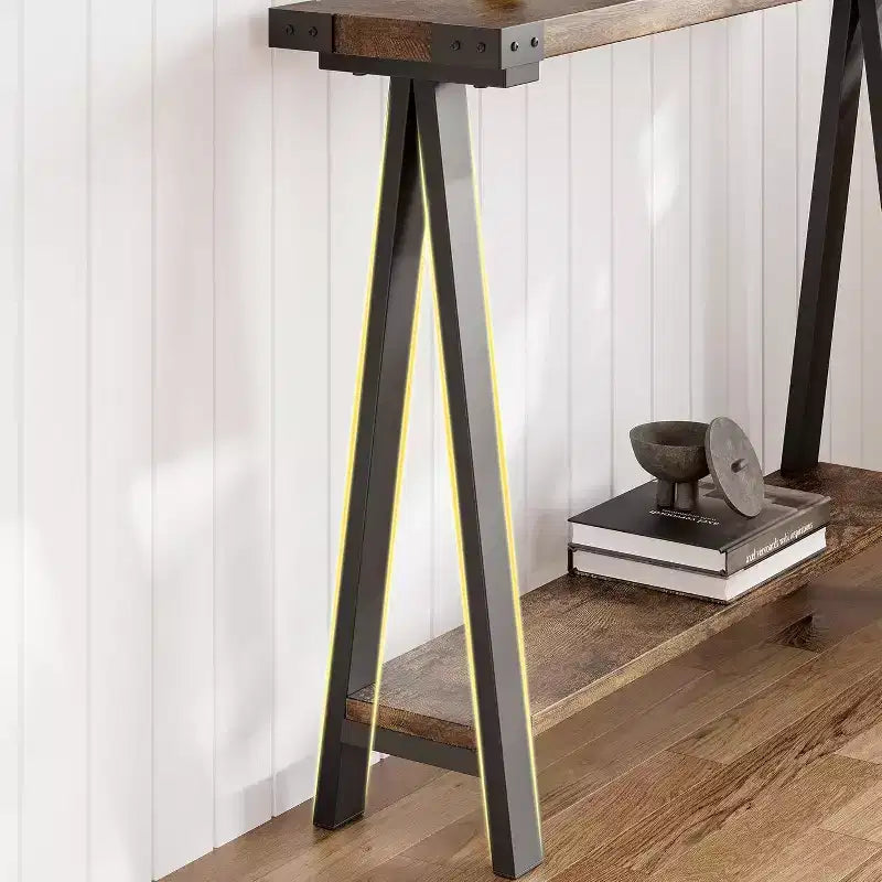 Console étroite avec 2 étagères - Cadre métallique en V, espace de rangement, design rustique - Parfaite comme table de canapé ou de couloir, dans le salon, le couloir, l'entrée