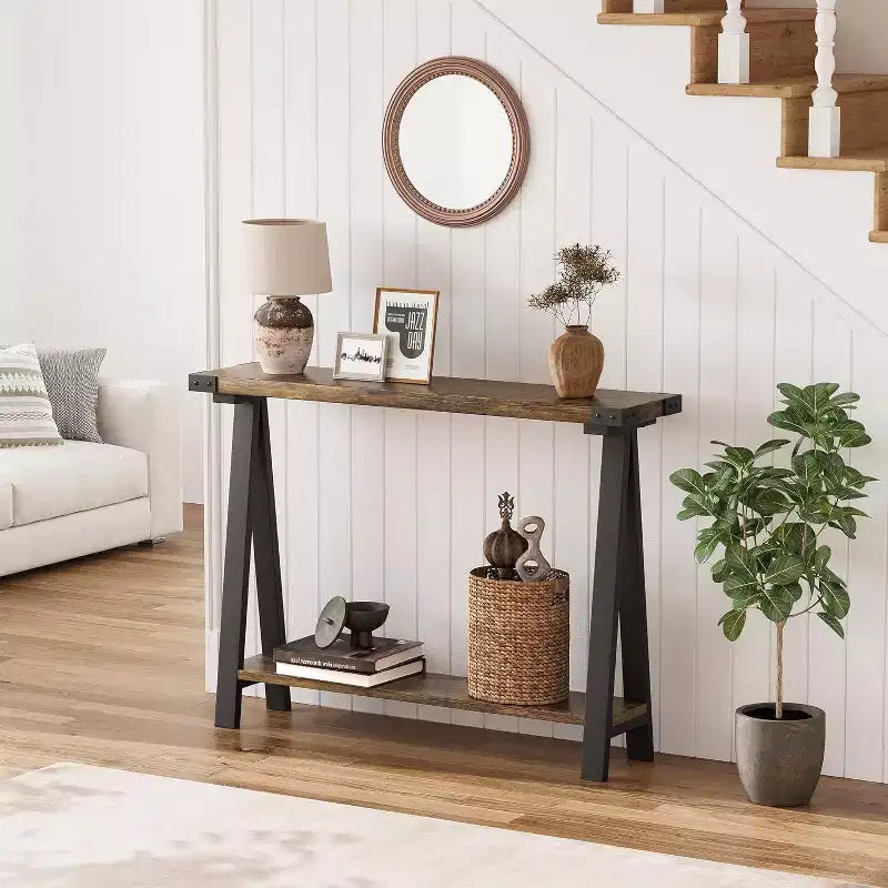Console étroite avec 2 étagères - Cadre métallique en V, espace de rangement, design rustique - Parfaite comme table de canapé ou de couloir, dans le salon, le couloir, l'entrée