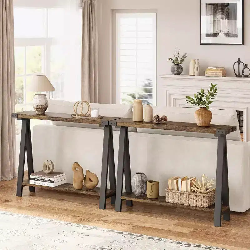 Console étroite avec 2 étagères - Cadre métallique en V, espace de rangement, design rustique - Parfaite comme table de canapé ou de couloir, dans le salon, le couloir, l'entrée