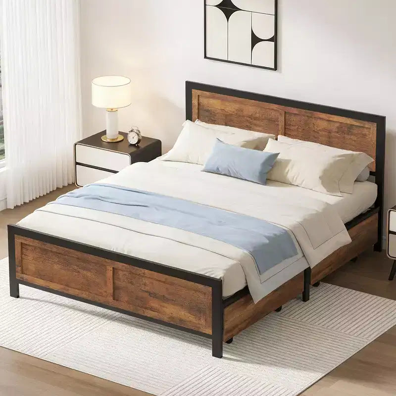 Dyonery Queen Size Platform Bed Frame with/without 4 Large Storage Drawers,Heavy Duty Steel Slat Support,Noise-Free Easy Tool-Free Assembly