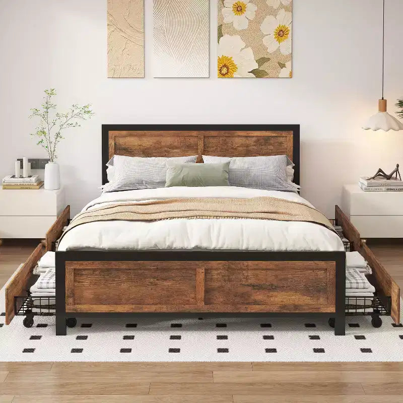Cadre de lit plateforme Queen Size avec/sans 4 grands tiroirs de rangement, support à lattes en acier robuste, assemblage facile sans outils et silencieux