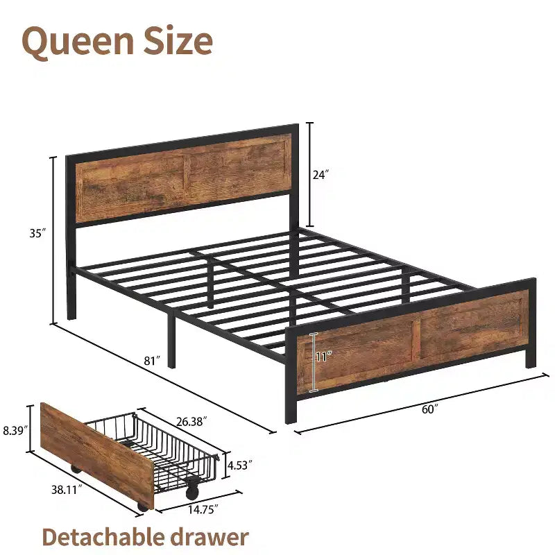 Cadre de lit plateforme Queen Size avec/sans 4 grands tiroirs de rangement, support à lattes en acier robuste, assemblage facile sans outils et silencieux