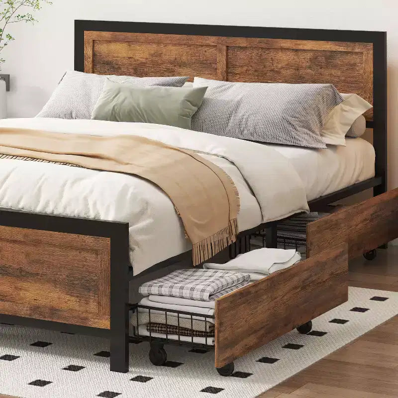 Cadre de lit plateforme Queen Size avec/sans 4 grands tiroirs de rangement, support à lattes en acier robuste, assemblage facile sans outils et silencieux