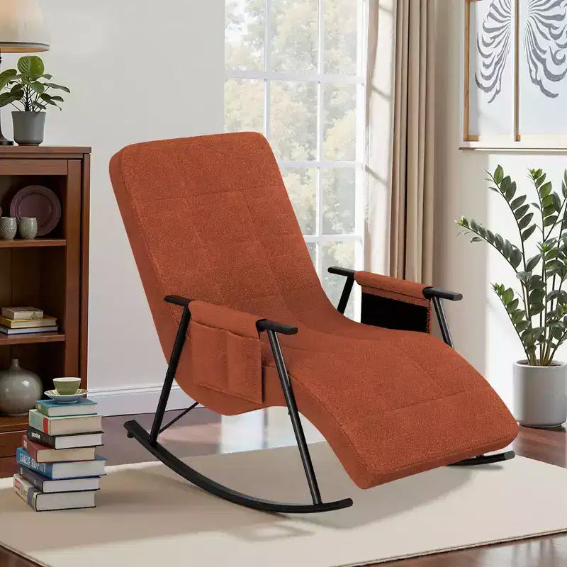 Fauteuil à bascule rembourré en tissu Teddy, fauteuil à bascule moderne avec appui-tête réglable et poches latérales amovibles