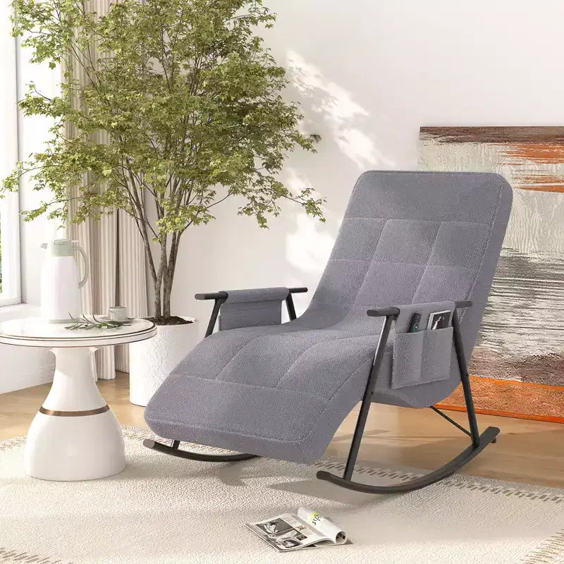Fauteuil à bascule rembourré en tissu Teddy, fauteuil à bascule moderne avec appui-tête réglable et poches latérales amovibles