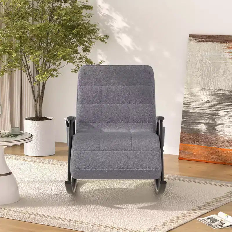 Fauteuil à bascule rembourré en tissu Teddy, fauteuil à bascule moderne avec appui-tête réglable et poches latérales amovibles
