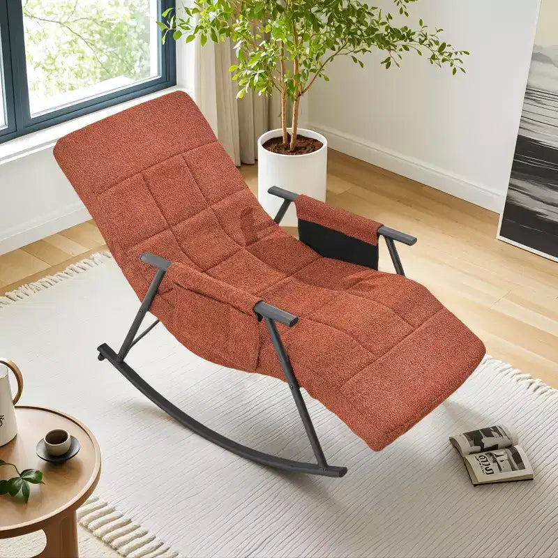 Fauteuil à bascule rembourré en tissu Teddy, fauteuil à bascule moderne avec appui-tête réglable et poches latérales amovibles