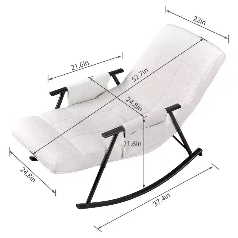 Fauteuil à bascule rembourré en tissu Teddy, fauteuil à bascule moderne avec appui-tête réglable et poches latérales amovibles