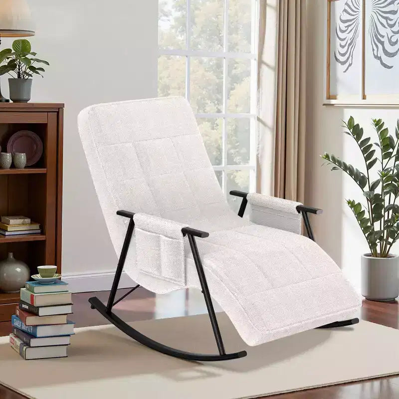 Fauteuil à bascule rembourré en tissu Teddy, fauteuil à bascule moderne avec appui-tête réglable et poches latérales amovibles