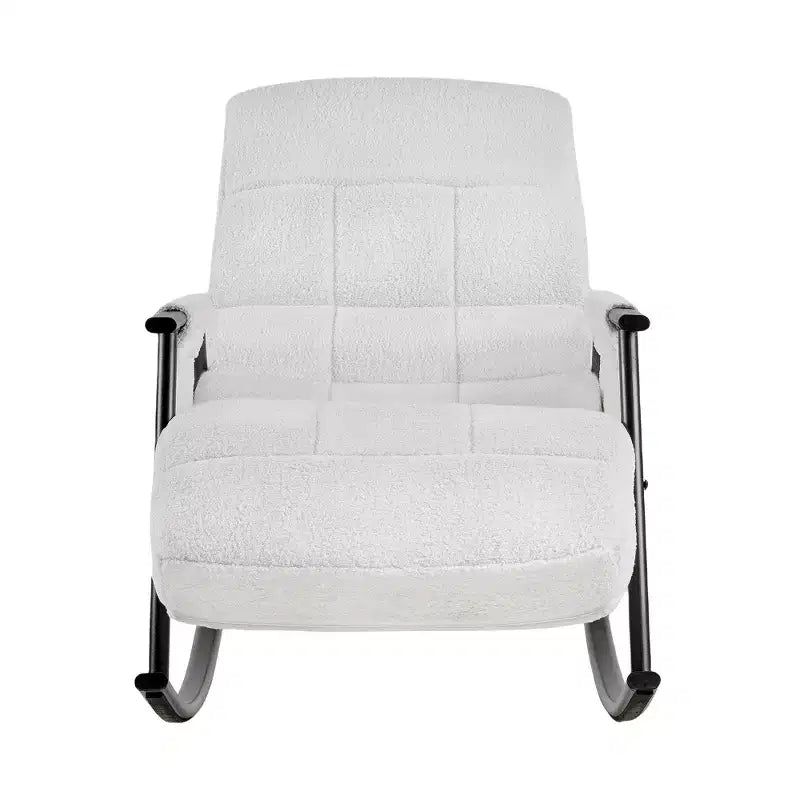 Fauteuil à bascule rembourré en tissu Teddy, fauteuil à bascule moderne avec appui-tête réglable et poches latérales amovibles