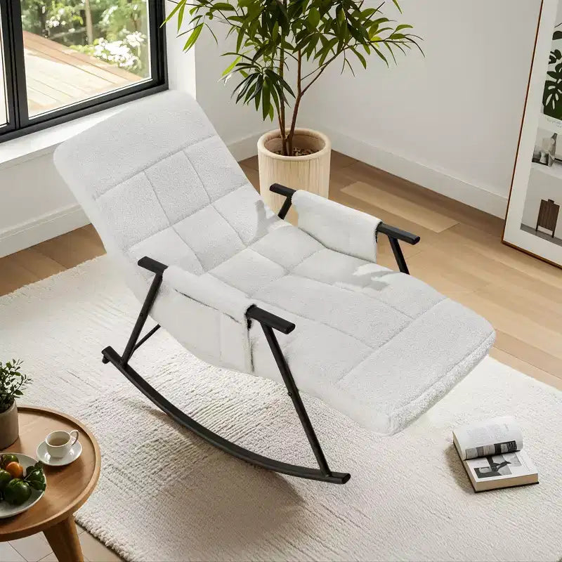 Fauteuil à bascule rembourré en tissu Teddy, fauteuil à bascule moderne avec appui-tête réglable et poches latérales amovibles