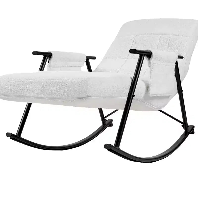 Fauteuil à bascule rembourré en tissu Teddy, fauteuil à bascule moderne avec appui-tête réglable et poches latérales amovibles