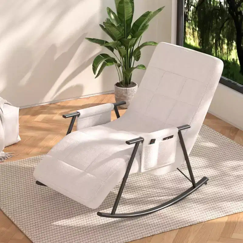Fauteuil à bascule rembourré en tissu Teddy, fauteuil à bascule moderne avec appui-tête réglable et poches latérales amovibles