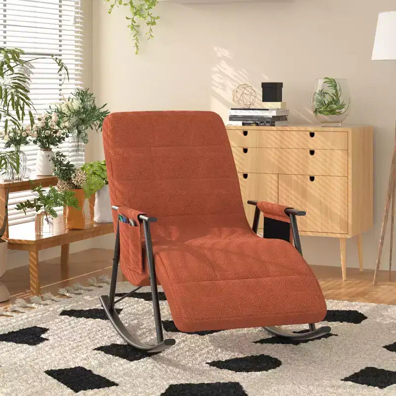 Fauteuil à bascule rembourré en tissu Teddy, fauteuil à bascule moderne avec appui-tête réglable et poches latérales amovibles