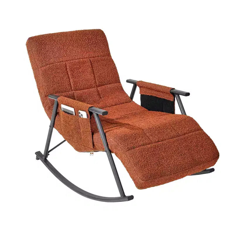 Fauteuil à bascule rembourré en tissu Teddy, fauteuil à bascule moderne avec appui-tête réglable et poches latérales amovibles