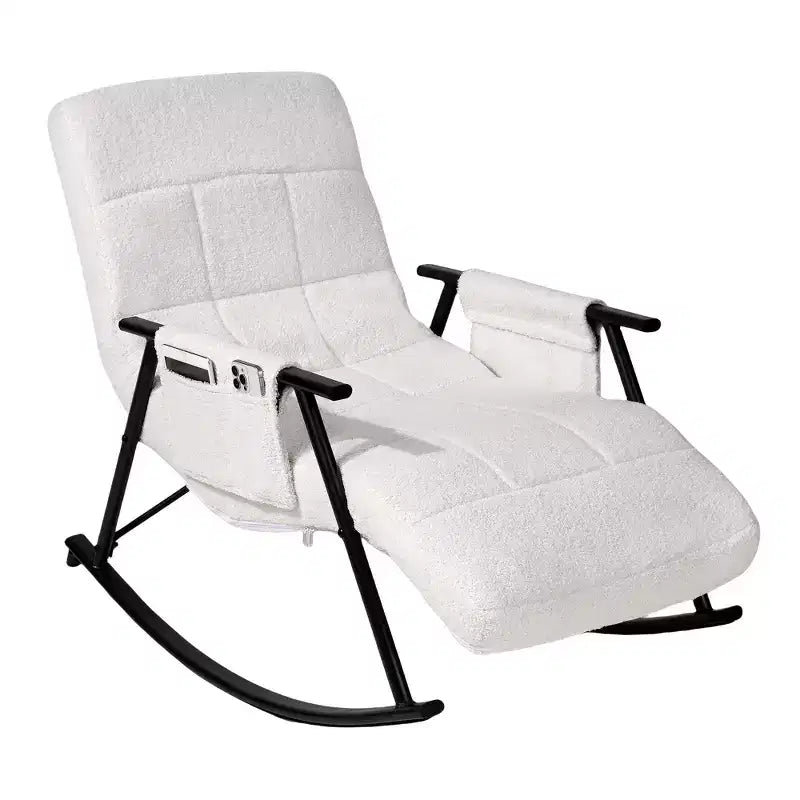 Fauteuil à bascule rembourré en tissu Teddy, fauteuil à bascule moderne avec appui-tête réglable et poches latérales amovibles