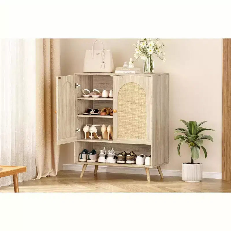Shoe Rack Organizer,4-Tier Shoe Storage Cabinet with Adjustable Shelves,Wooden Shoe Storage Organizer,Slim Thin Shoe Rack for Hallway, Living Room