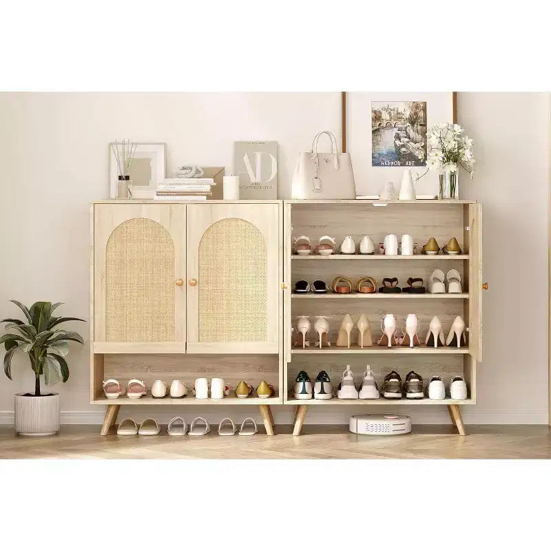 Organisateur de rangement pour chaussures, meuble à chaussures à 4 niveaux avec étagères réglables, organisateur de rangement pour chaussures en bois, meuble à chaussures fin et peu encombrant pour couloir, salon