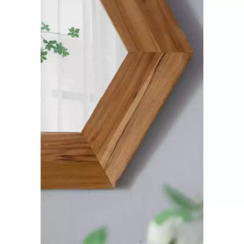 Miroir mural hexagonal de 47 x 47 cm avec cadre en bois naturel