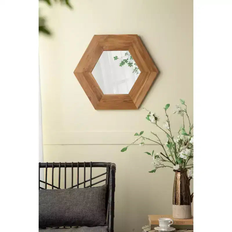Miroir mural hexagonal de 47 x 47 cm avec cadre en bois naturel