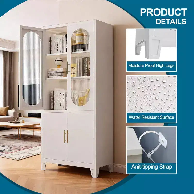 Meuble de rangement en métal de 71", Armoire de cuisine avec portes vitrées, Organiseur de garage avec étagères réglables, Bibliothèque polyvalente pour salon