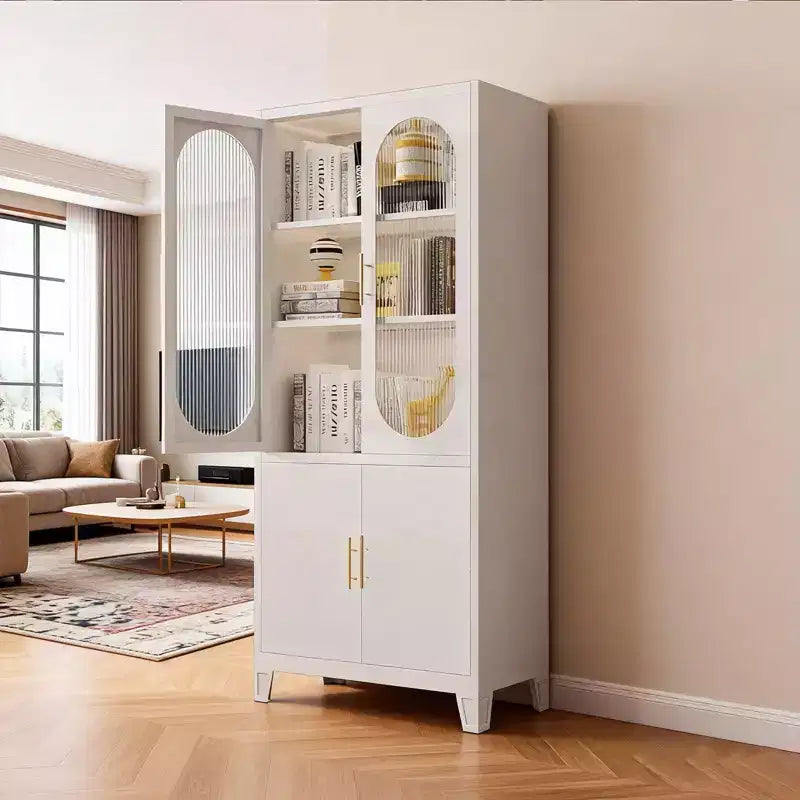 Meuble de rangement en métal de 71", Armoire de cuisine avec portes vitrées, Organiseur de garage avec étagères réglables, Bibliothèque polyvalente pour salon