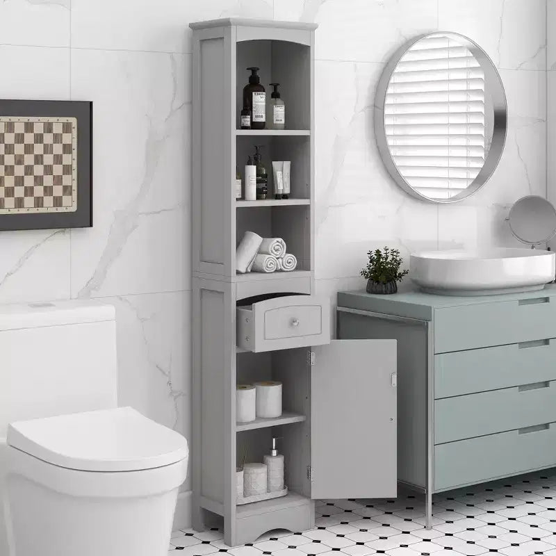 Meuble de salle de bain haut sur pied en bois moderne Clara avec tiroir, étagères ouvertes et étagère réglable