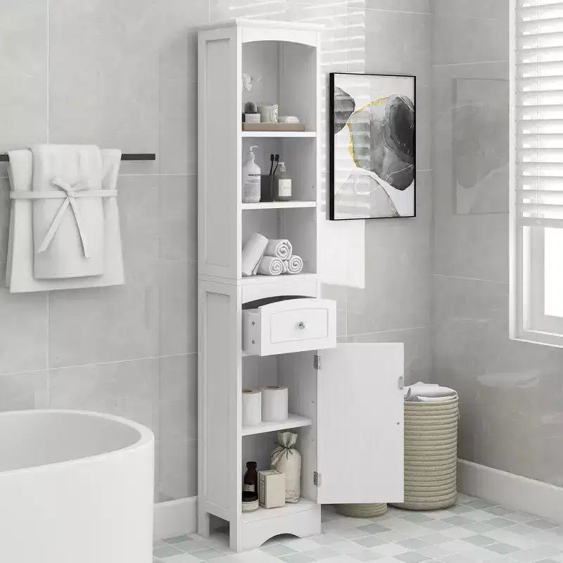 Meuble de salle de bain haut sur pied en bois moderne Clara avec tiroir, étagères ouvertes et étagère réglable