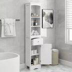 Meuble de salle de bain haut sur pied en bois moderne Clara avec tiroir, étagères ouvertes et étagère réglable